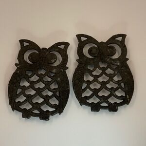 Vintage Unbranded Owl Trivet Set Cast Iron Black 5.5x4in